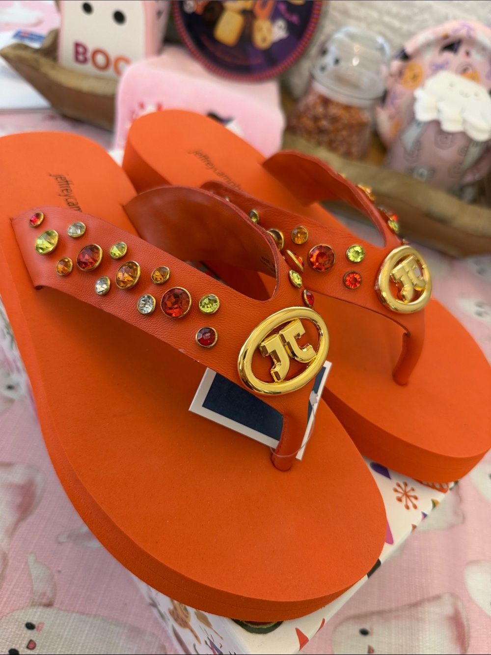 Jeffrey Campbell Orange Jeweled Logo Thong Sandals, NWT, Size 10
